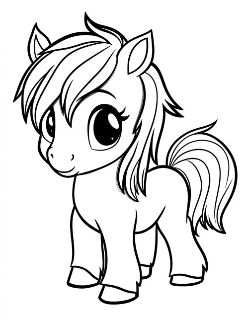 A cute, big eyed pony with a fluffy mane stands happily, looking straight ahead