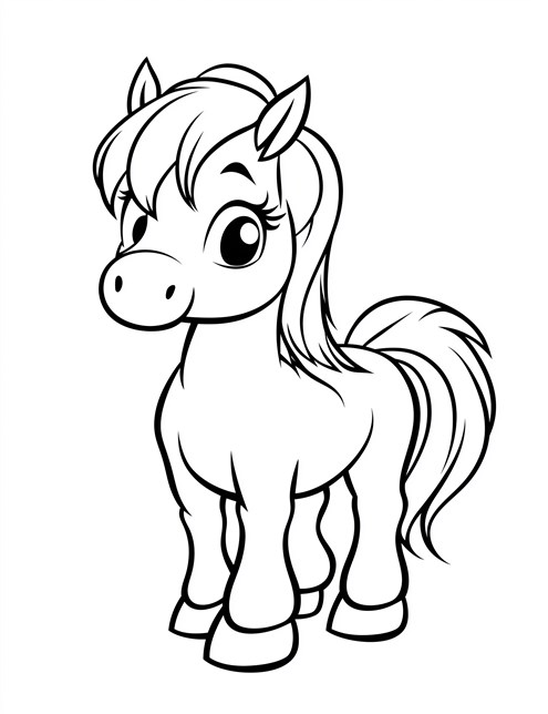 A happy, big eyed pony with a fluffy mane, standing and looking right at you