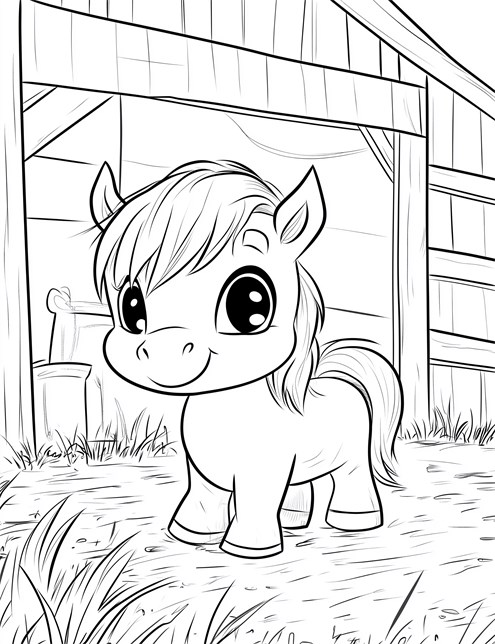 A happy pony with big eyes standing in front of a barn, surrounded by grass