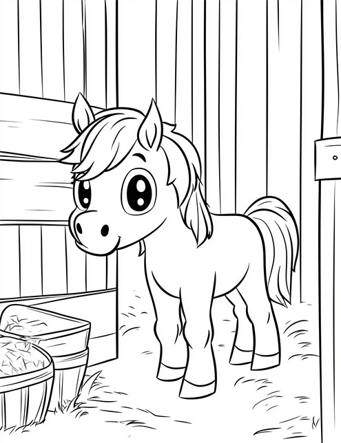 A cute pony with big eyes standing in a barn near a hay filled bucket