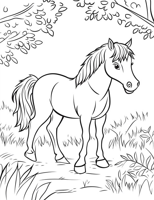 A horse standing on grass, surrounded by trees with leaves hanging above