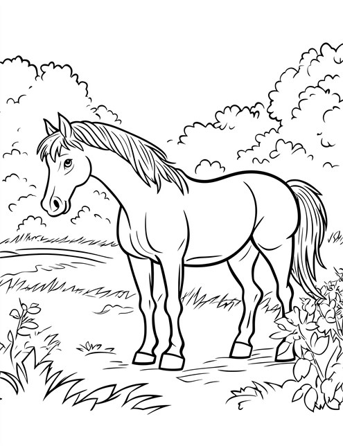 A horse stands in a grassy field, surrounded by bushes and trees