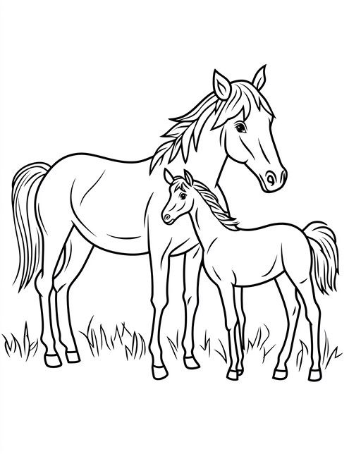 A mother horse and her foal standing together in a grassy field