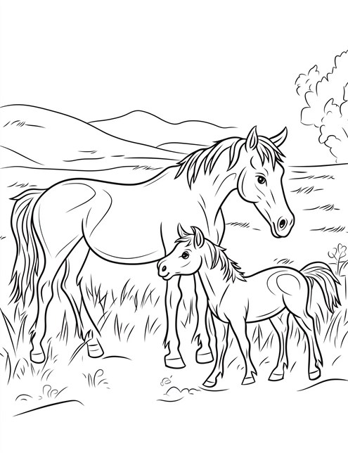 A mother horse and her foal standing together in a grassy field with hills