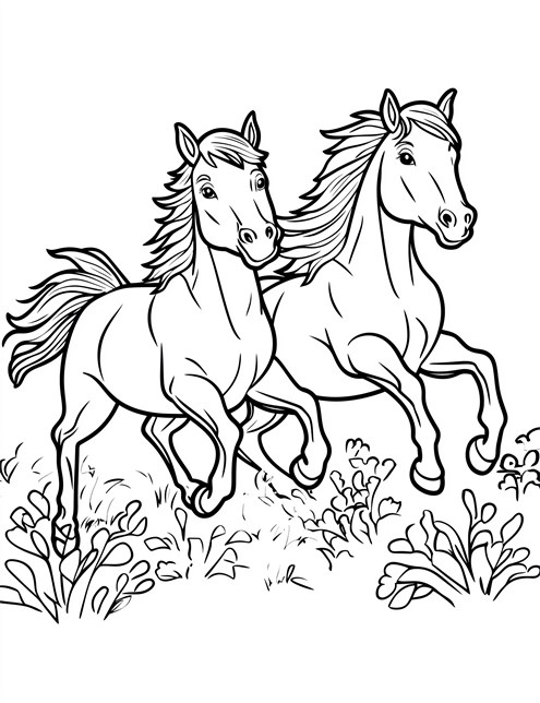 Two horses running together through a field of grass and bushes