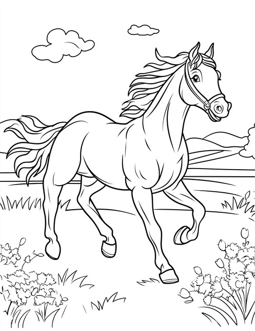 A horse is galloping freely in a field with its mane blowing in the wind