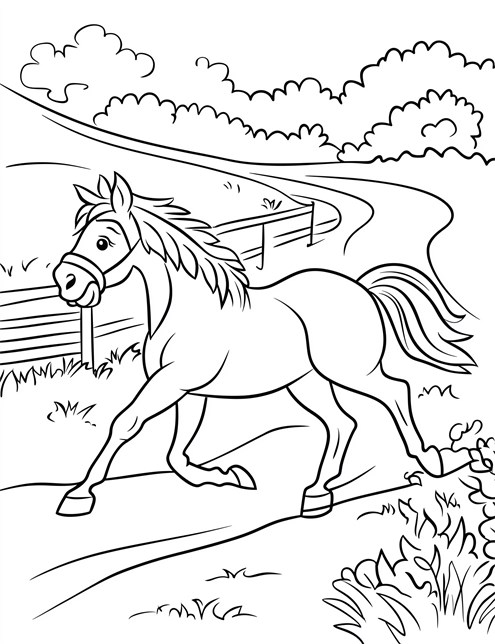 A happy horse is trotting along a path near a fence on a sunny day