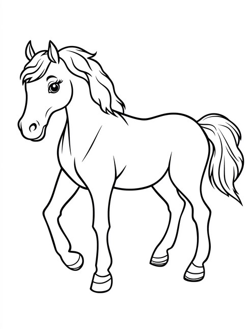 A graceful horse is walking confidently with its mane and tail swaying