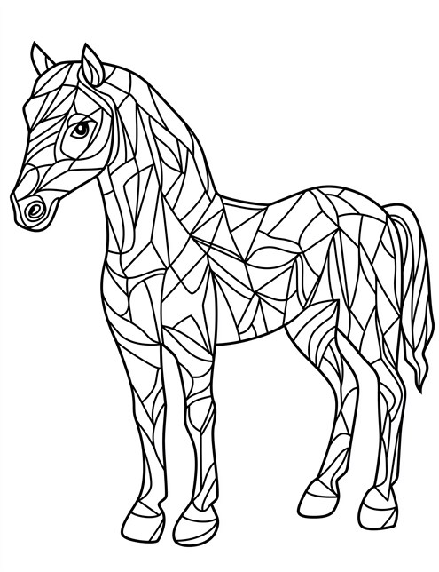 A horse made of different puzzle like pieces with cool lines and shapes