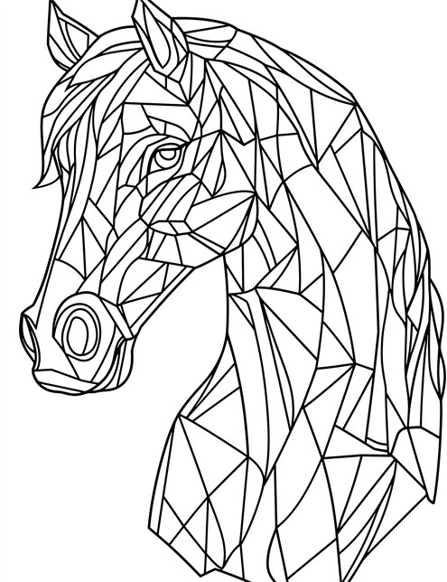 A horse’s head made from sharp, puzzle like shapes, looking like a glass sculpture