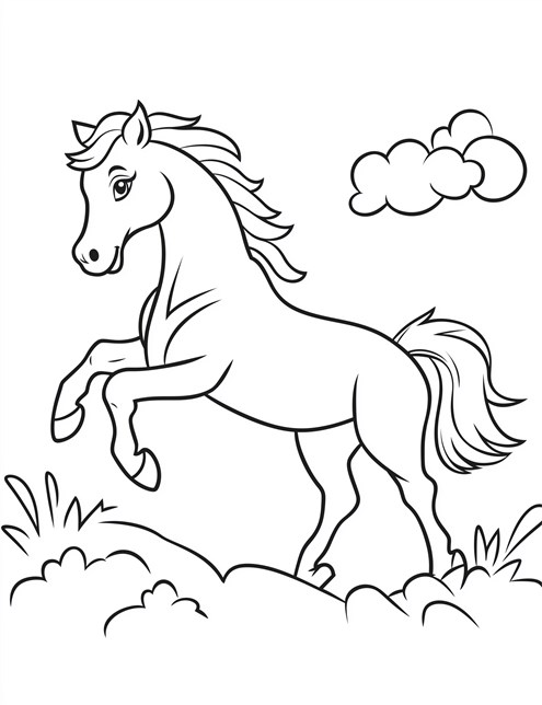 A horse is prancing on a hill with a small cloud floating nearby