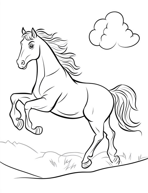 A horse prances on a hill, with a fluffy cloud floating above