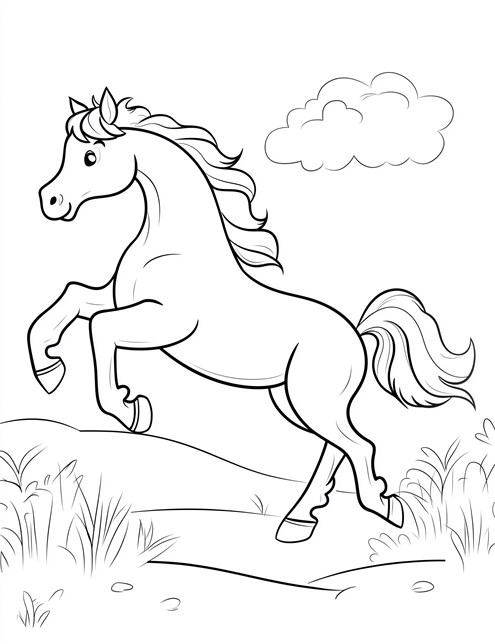 A happy horse is playfully jumping on a grassy hill under a puffy cloud