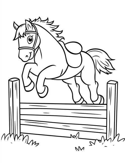 A horse is jumping over a fence wearing a saddle and bridle