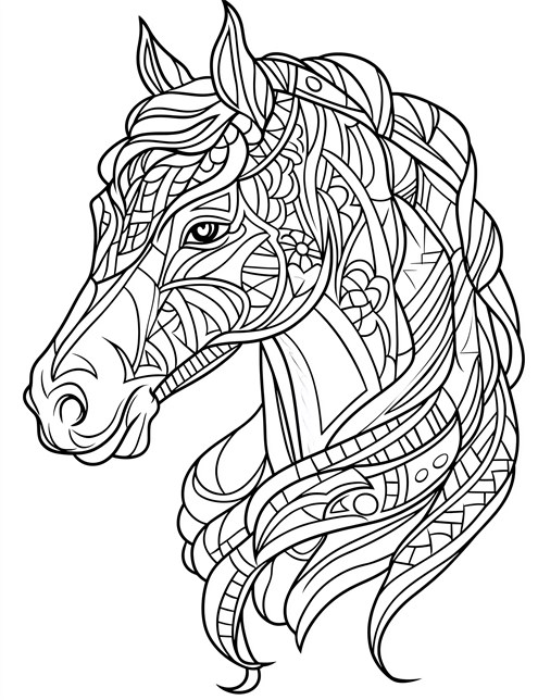 A horse’s head with lots of cool patterns and designs all over it