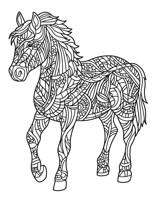 A horse covered in lots of fancy, swirling patterns from head to tail