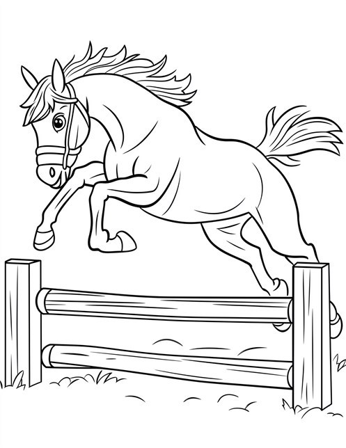 A horse jumping over a wooden fence with its mane flying in the air