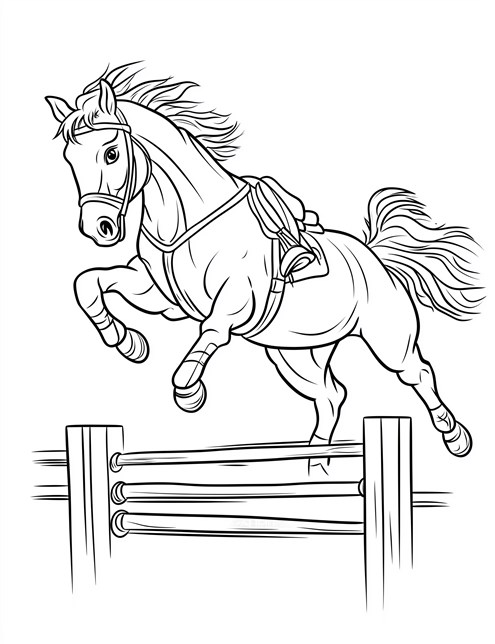 A horse is jumping over a fence in a coloring book picture