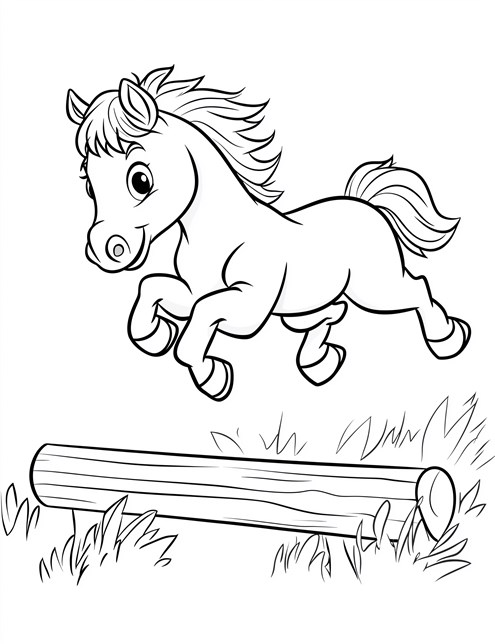 A cute pony is jumping over a log in a coloring book picture