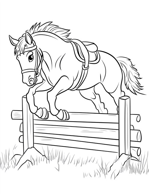 A horse is leaping over a fence in a fun coloring book picture