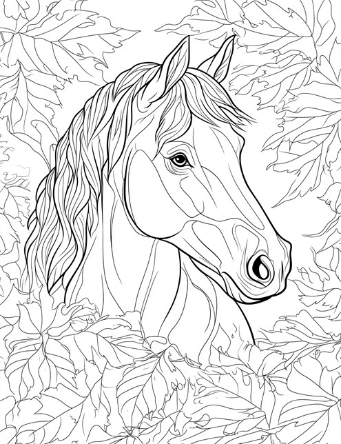 A horse s head surrounded by big leaves in a detailed coloring book picture