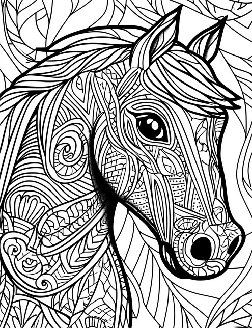 A horse s head with intricate patterns all over it, like a coloring book maze