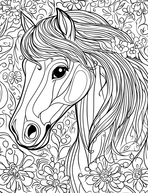 A horse s head surrounded by flowers with detailed, wavy lines in a coloring book picture