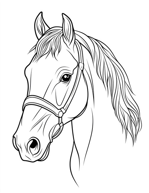 A horse s head with a bridle in a simple, black and white coloring book picture