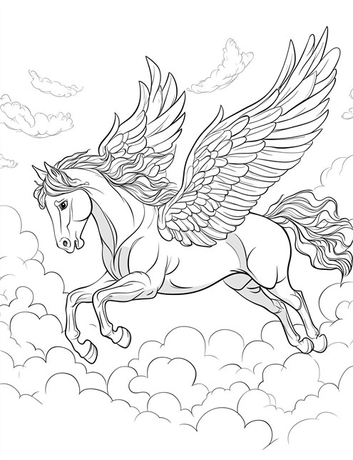 A Pegasus, a flying horse with wings, soaring through the clouds in a coloring book