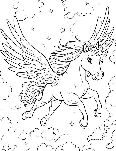 A Pegasus flying through the sky with stars and clouds in a coloring book picture