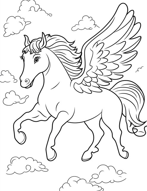 A Pegasus with big wings flying through the clouds in a coloring book picture