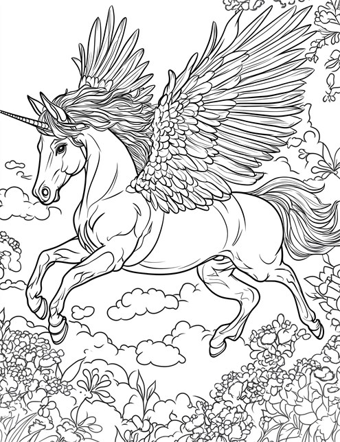 Majestic winged unicorn flying over a field of flowers