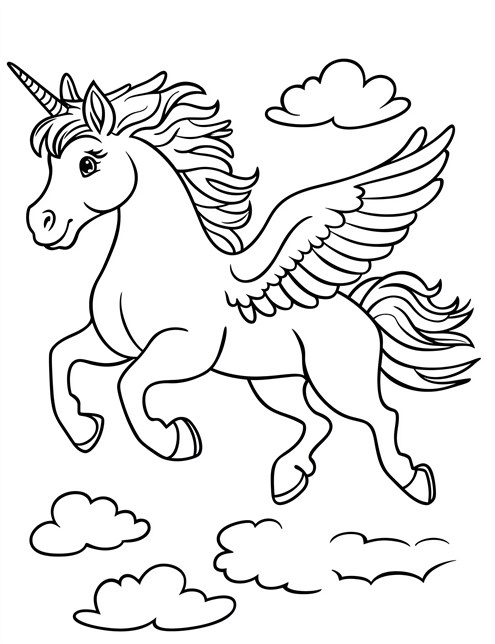 Happy unicorn with wings flying among fluffy clouds