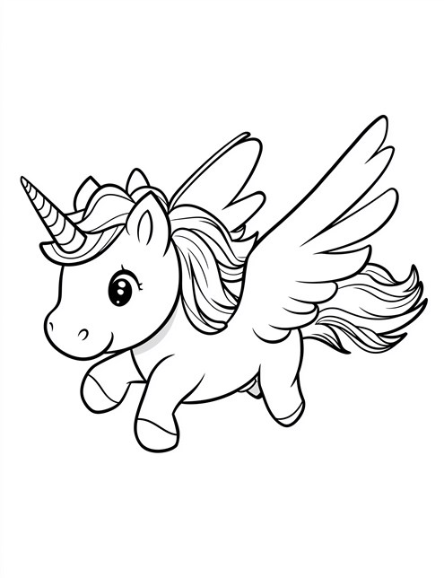 Cute baby unicorn with wings, looking happy and playful