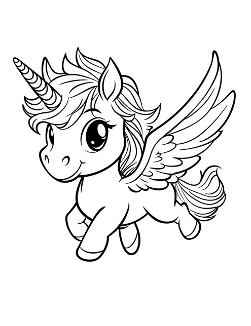 Happy baby unicorn with wings, flying and smiling