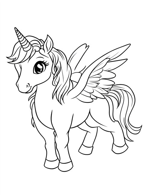 A cute unicorn with wings standing and smiling happily