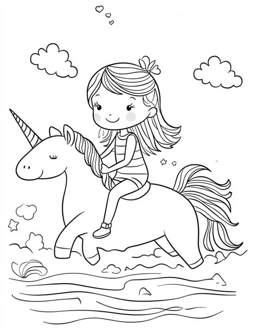 A girl riding a unicorn over water with clouds above