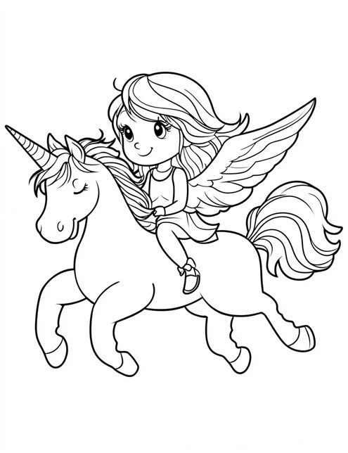 A girl riding a winged unicorn through the sky