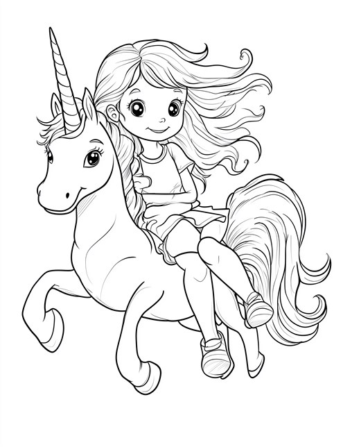 A girl happily riding a unicorn with flowing hair