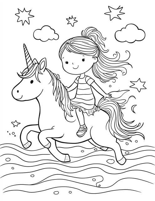 A girl riding a unicorn with stars, clouds, and waves