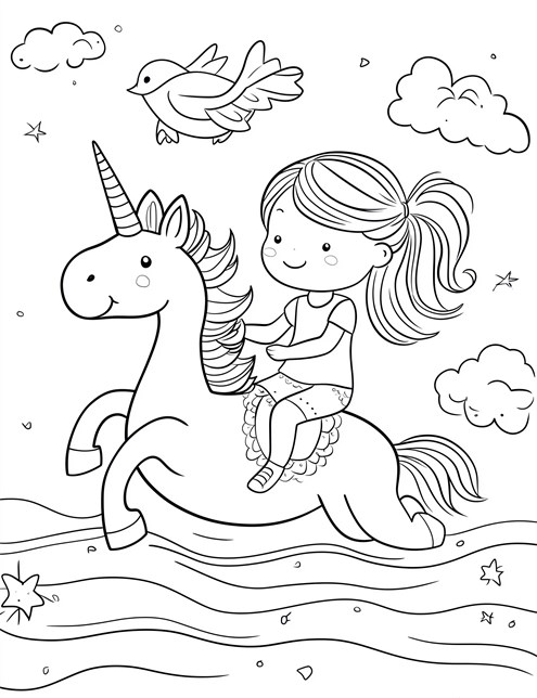 A girl riding a unicorn with a bird flying above