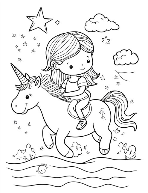 A girl riding a unicorn surrounded by stars and clouds