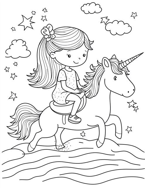 A girl riding a unicorn with stars and clouds around