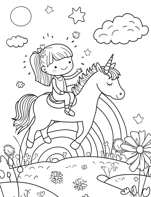 A girl riding a unicorn over a rainbow with flowers