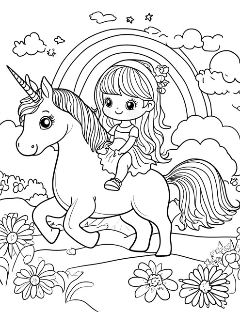 A girl riding a unicorn with a rainbow and flowers