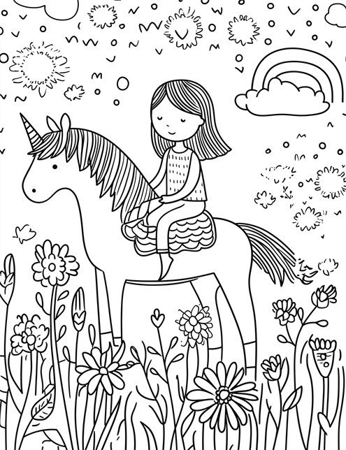 A girl riding a unicorn through a field of flowers