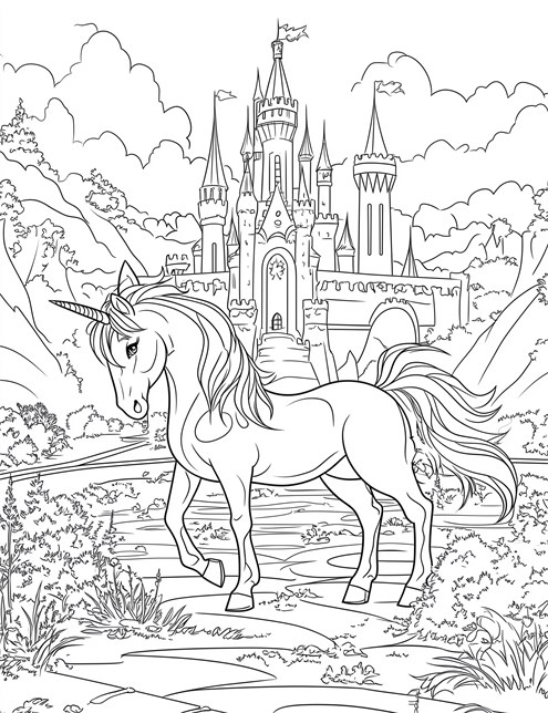 A unicorn standing in front of a magical castle with towers