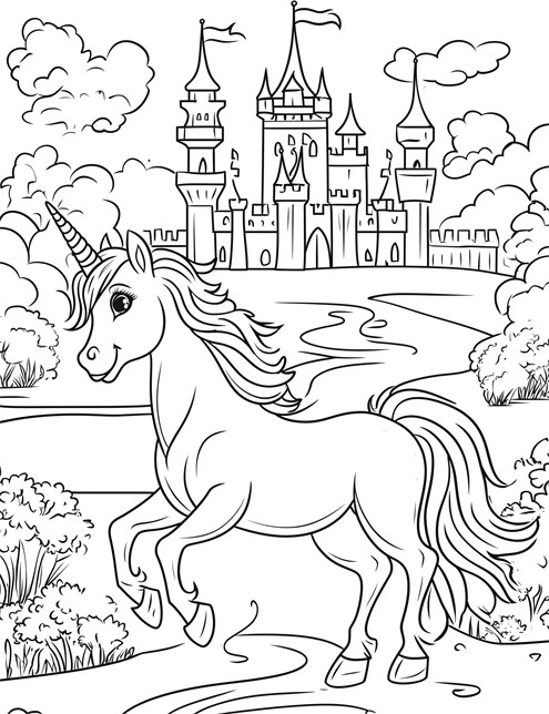 A unicorn happily trotting near a fairy tale castle with towers