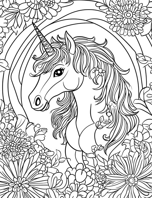 A unicorn surrounded by flowers and a rainbow background