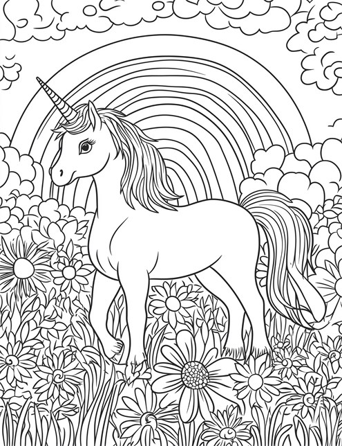 A unicorn standing in a flower field with a rainbow